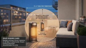 Outdoor heaters small balconies: minimum space and clearance zone mapped.