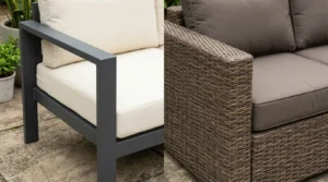 Aluminum and HDPE wicker frame comparison for a small patio sectional.