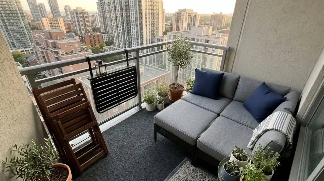 Modular outdoor sectional small patio balcony setup with folded wall table and stacked chairs.