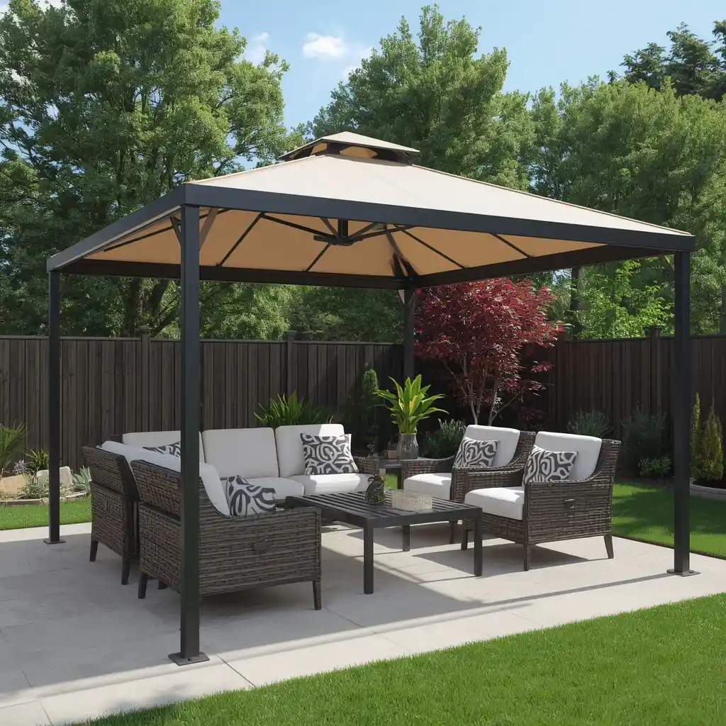 Patio gazebo concrete anchor setup using weighted leg bases without drilling.