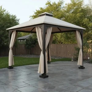 Finished patio gazebo concrete anchor setup standing securely without drilling.