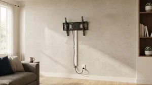 Budget tilting mount and cord cover showing how to place tv living room screens for under fifty dollars.