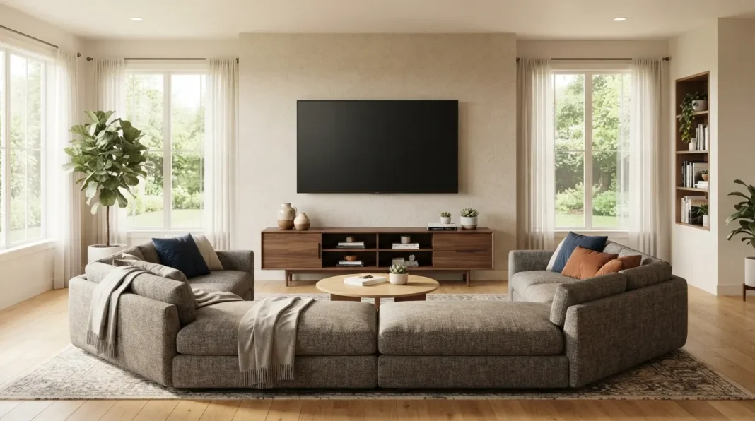 Living room TV mounted at eye level showing how to place tv living room screens correctly.