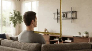 Measuring seated eye level to show how to place tv living room mounts at the right height.