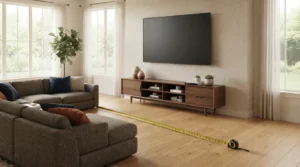Measured viewing distance showing how to place tv living room screens for comfortable viewing.