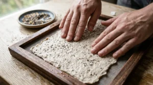 Pressing wildflower seeds into wet pulp, the core step to plant seed paper craft.