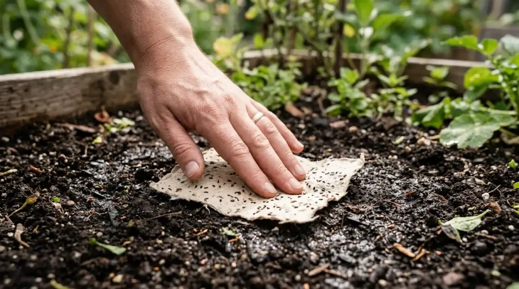 A hand planting a sheet of seed paper into soil, the last step to plant seed paper craft successfully.