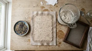 Seed paper drying next to wildflower seeds and pulp, the setup to plant seed paper craft.