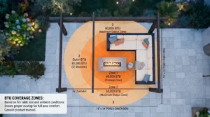 Propane fire pit tables BTU heat coverage mapped across a covered porch.