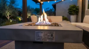Propane fire pit tables compact square design with covered-use approval label.