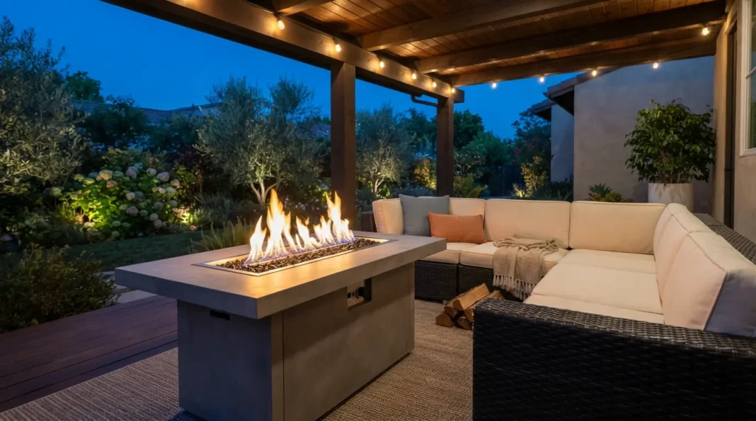 Propane fire pit tables burning on a covered porch beside a modular sectional.