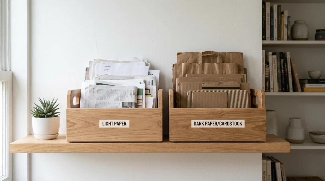 A two-bin sorting system, the setup for how to recycle scrap paper DIY style for papermaking.