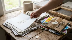 Sorting keep and skip piles while learning how to recycle scrap paper DIY style.