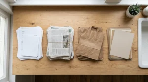 Sorted paper piles showing how to recycle scrap paper DIY style before a pulp batch.
