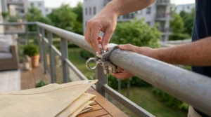 Installing a railing clamp for a shade sail apartment balcony setup without drilling.