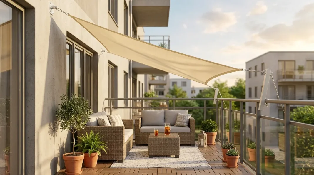 Shade sail apartment balcony setup mounted between a wall and railing.