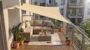 Finished shade sail apartment balcony setup casting shade over a seating area.