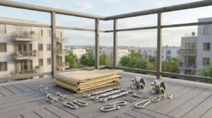 Installation kit for mounting a shade sail apartment balcony setup without drilling.