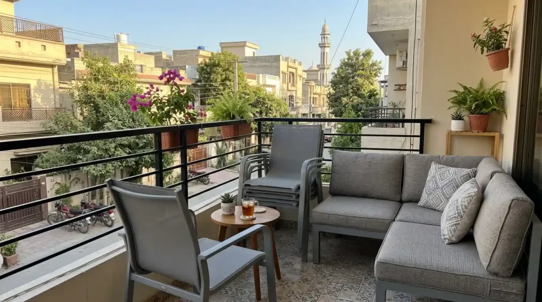 Stackable outdoor dining chairs stacked against a balcony railing beside a sectional.
