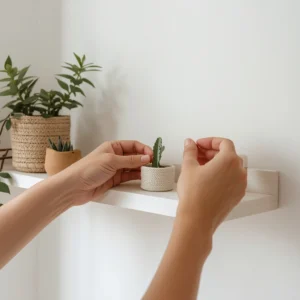 Clearing shelf decor while learning how to style minimalist living room surfaces.