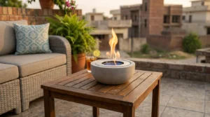 Tabletop bioethanol fire bowls with a clean single flame and no visible smoke.