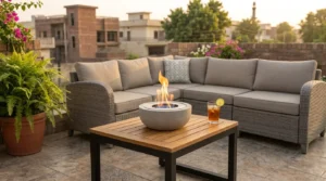 Tabletop bioethanol fire bowls placed safely away from combustible materials.