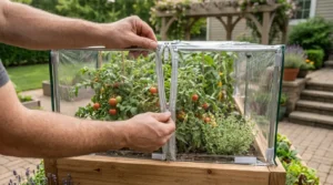 Zipping a greenhouse cover over tiered raised garden beds.