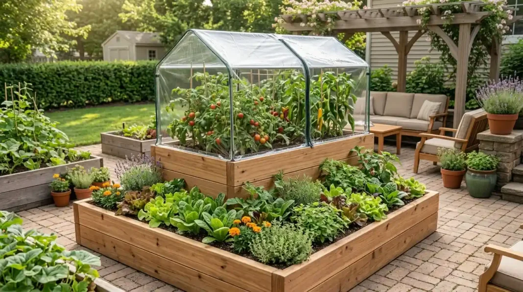 Tiered raised garden beds with a greenhouse cover over the top tier.