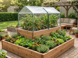 Tiered raised garden beds with a greenhouse cover over the top tier.