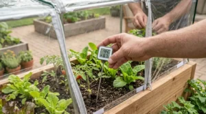 Checking frost protection inside covered tiered raised garden beds.
