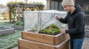 Checking seedlings under a cover on tiered raised garden beds.
