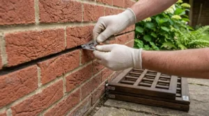 Installing a mortar joint clip for a trellis brick wall mount without drilling.
