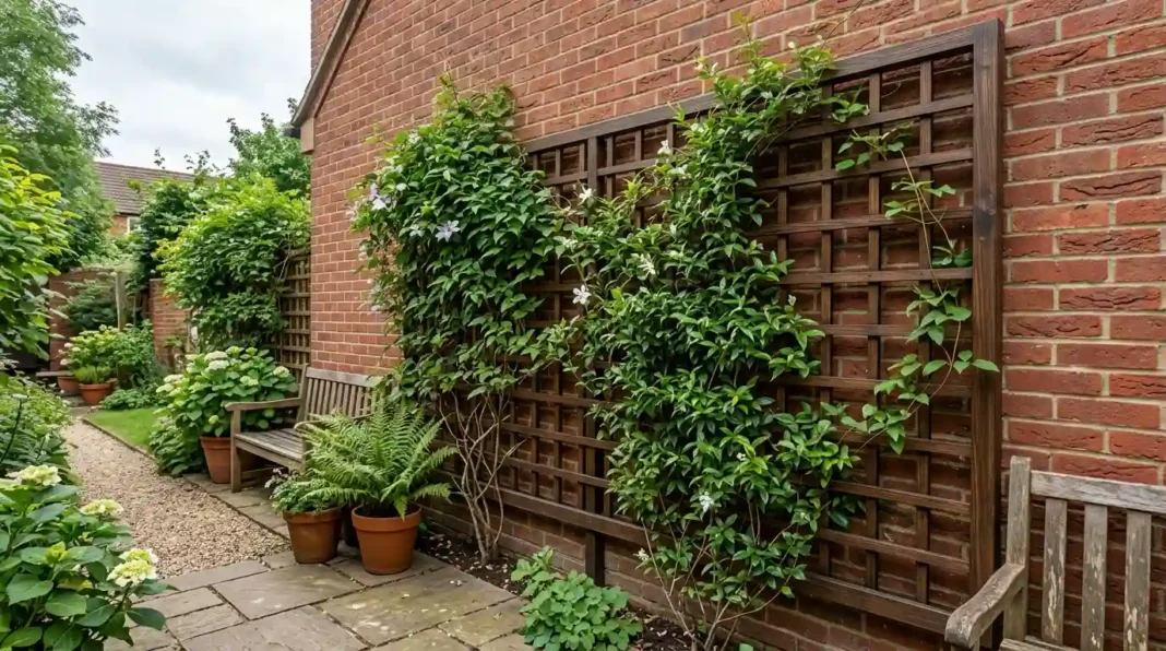 Trellis brick wall mount with climbing vines installed without drilling.