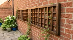 Finished trellis brick wall mount with climbing vines and no drilled holes.