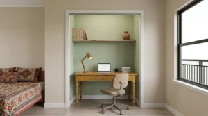 Budget setup that shows how to turn a closet into an office space for under fifty dollars.