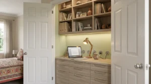 Built-in countertop desk used to turn closet into office space with drawer storage.