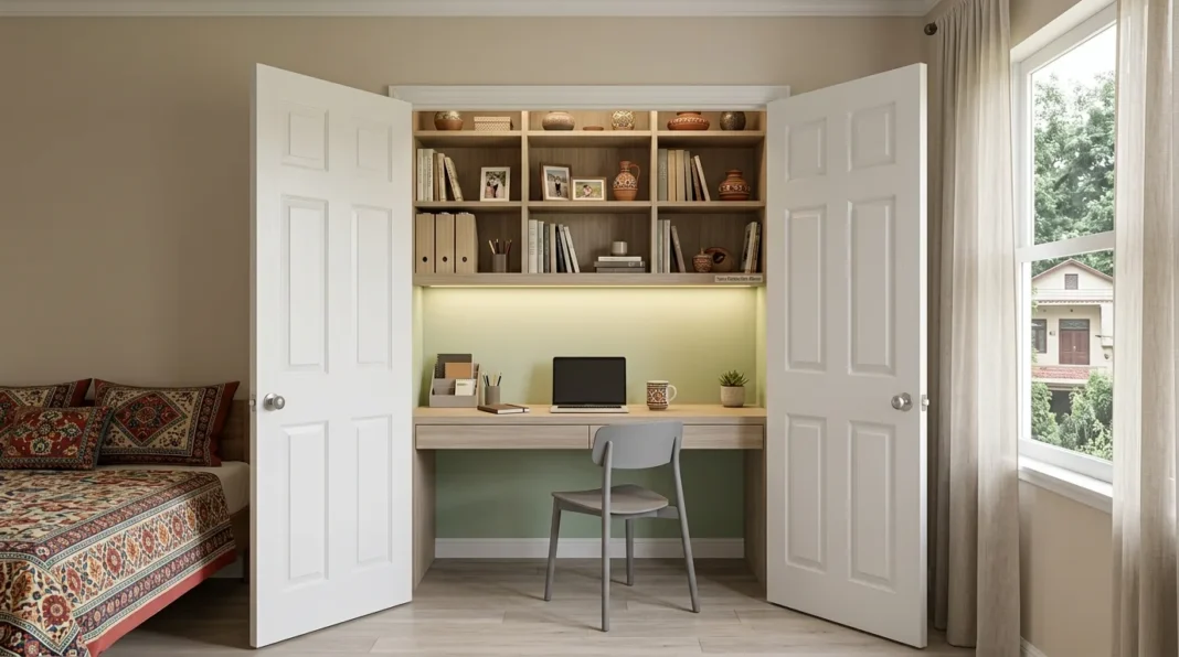 Finished closet office that shows how to turn a closet into an office workspace with a built-in desk.