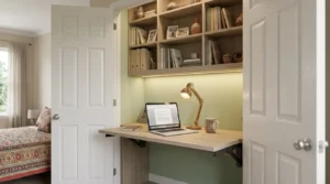 Fold-down desk showing how to turn a closet into office space in a small room.