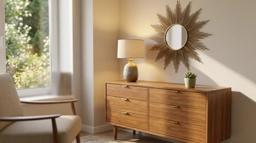 Room corner showing where to add mid century accents with a teak dresser and starburst mirror.
