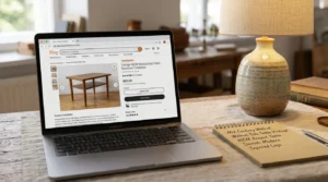 Online marketplace listing used to add mid century accents from a walnut side table search.