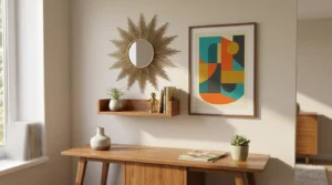 Mid-century wall grouping with a starburst mirror and teak shelf under thirty dollars.