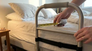 Hand measuring the gap beside a mattress to add rails senior bedroom safely.