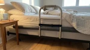 Low bed with foam bumper as a safer option before you add rails senior bedroom.