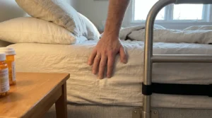 Soft mattress compressing beside a rail, a risk to avoid when you add rails senior bedroom.