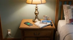 Bedside table with items within reach to arrange safe senior bedroom storage properly.