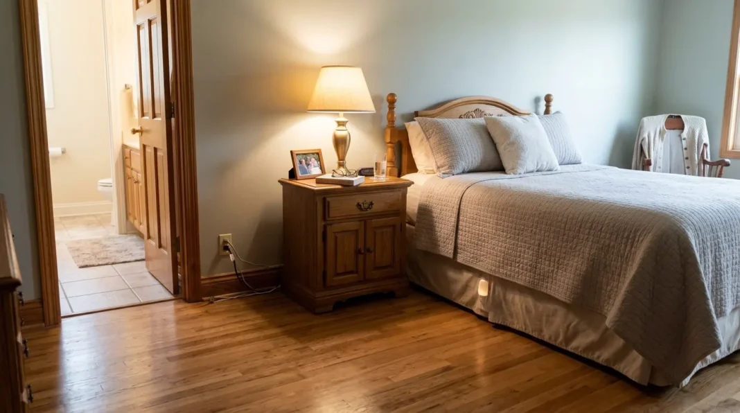 Clear floor route that shows how to arrange safe senior bedroom furniture around a walking path.