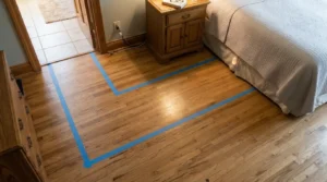 Taped walking route used to arrange safe senior bedroom furniture around a clear path.