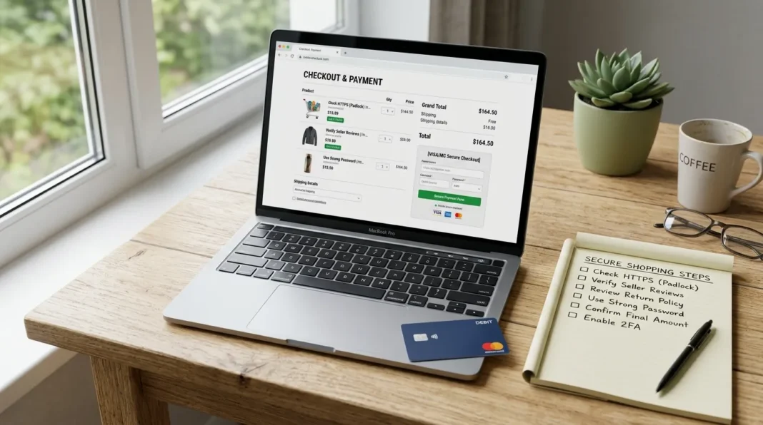 Laptop checkout page with a credit card to avoid online shopping scams.