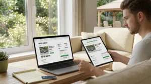 Shopper comparing two listings to avoid online shopping scams on a patio sectional.