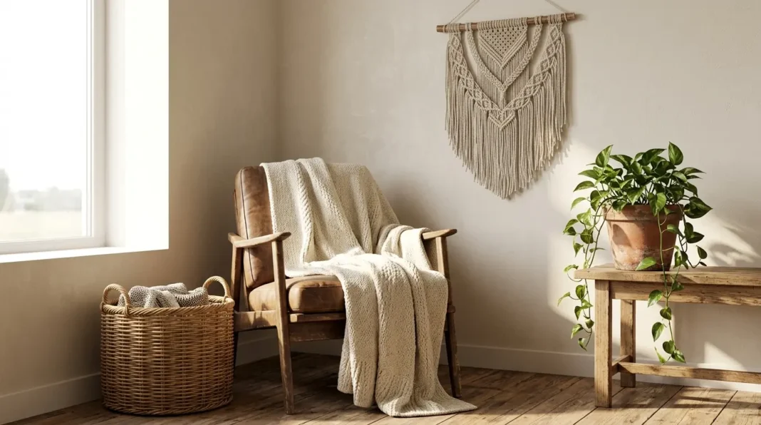 buy-boho-room-decor-featured Warm living room corner styled with baskets and plants to show where to buy boho room decor.